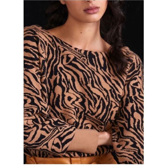 Anthropologie Maeve Boat Neck Sweater Tiger Stripe in Camel Tan & Black Sz M - Picture 3 of 10